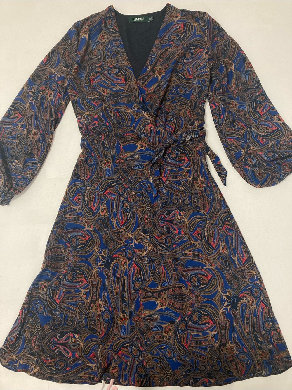 Lauren Ralph Lauren Paisley Georgette Maxi Wrap Dress Bishop Sleeve Size 2